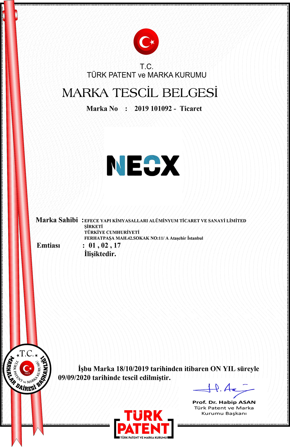 Neox Marka Tescil Belgesi